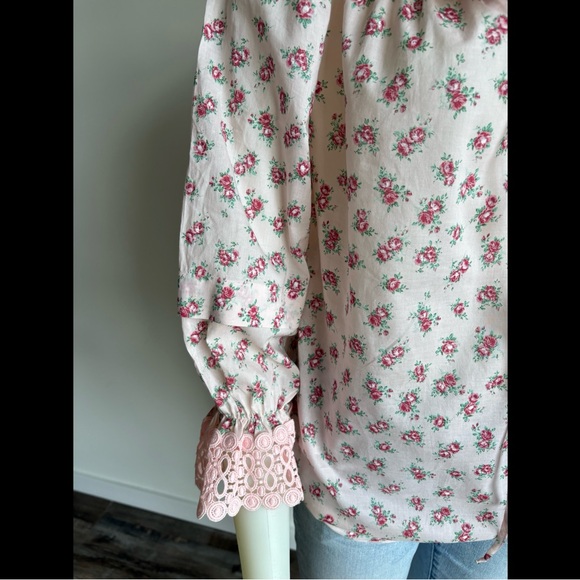 NWT ALBERTA FERETTI $498 Pink Cotton Rose Print Peasant Blouse Lace Italy D&G - Picture 6 of 10